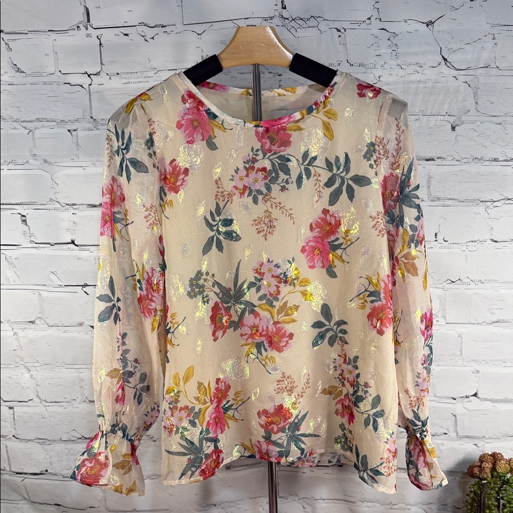 LOFT Floral Sheer Blouse - Cream with Pink and Green Accents NWT‎